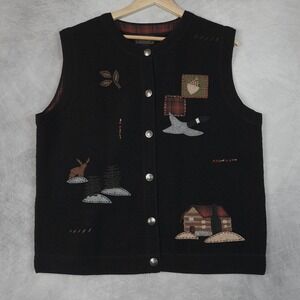Woolrich Vest Womens XL Black 100% Wool Applique Patchwork Cabin Deer Goose